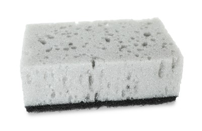 Photo of One grey sponge isolated on white. Cleaning supply