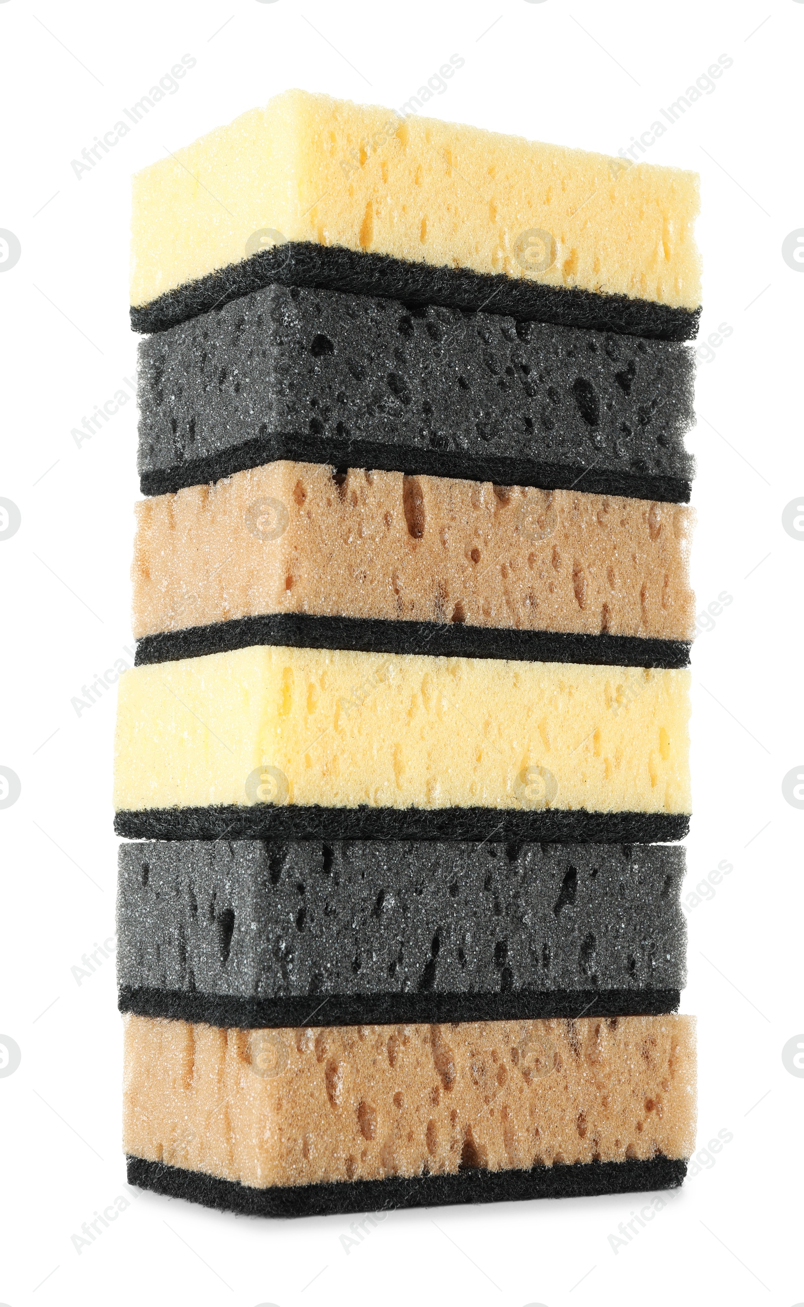 Photo of Stacked soft sponges isolated on white. Cleaning supply