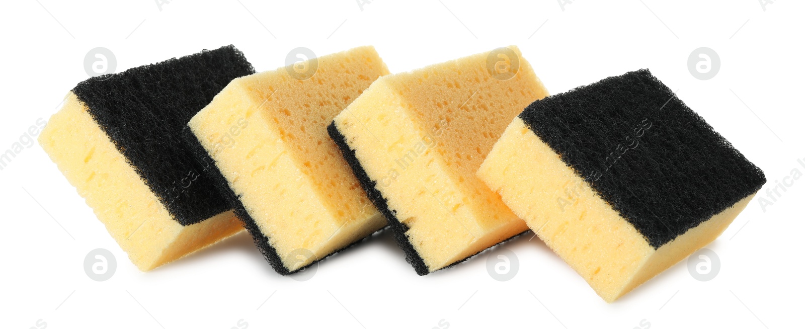 Photo of Yellow sponges isolated on white. Cleaning supply