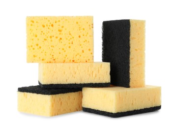 Photo of Yellow sponges isolated on white. Cleaning supply