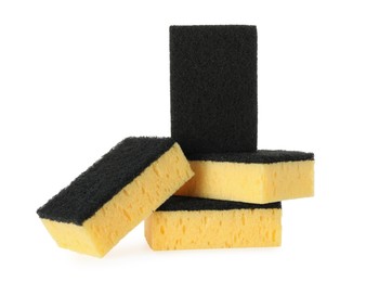 Photo of Yellow sponges isolated on white. Cleaning supply