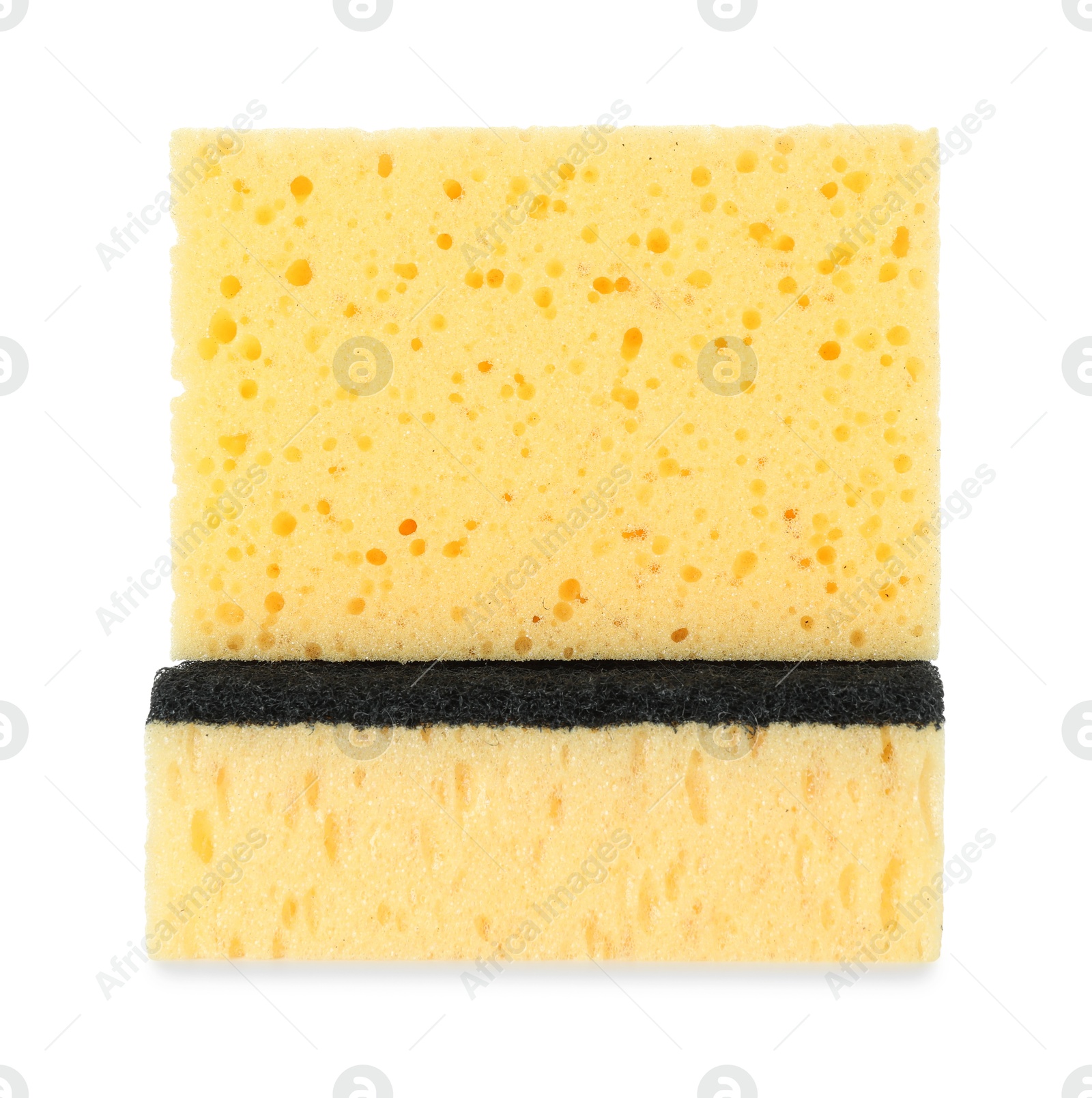 Photo of Two yellow sponges isolated on white. Cleaning supply