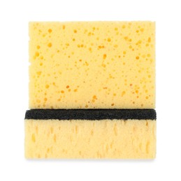 Photo of Two yellow sponges isolated on white. Cleaning supply