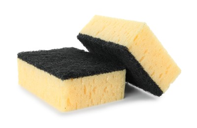 Photo of Two yellow sponges isolated on white. Cleaning supply