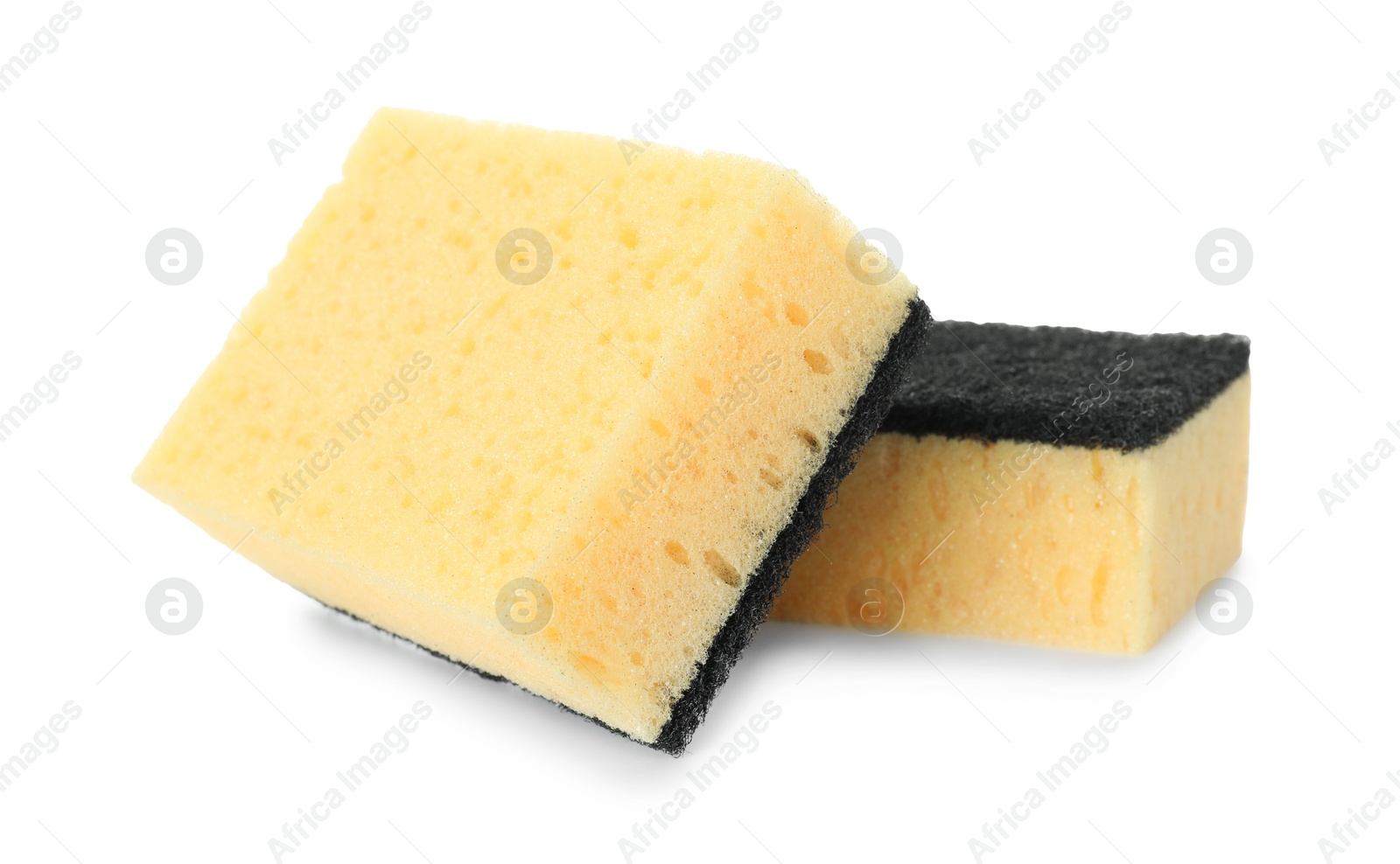 Photo of Two yellow sponges isolated on white. Cleaning supply