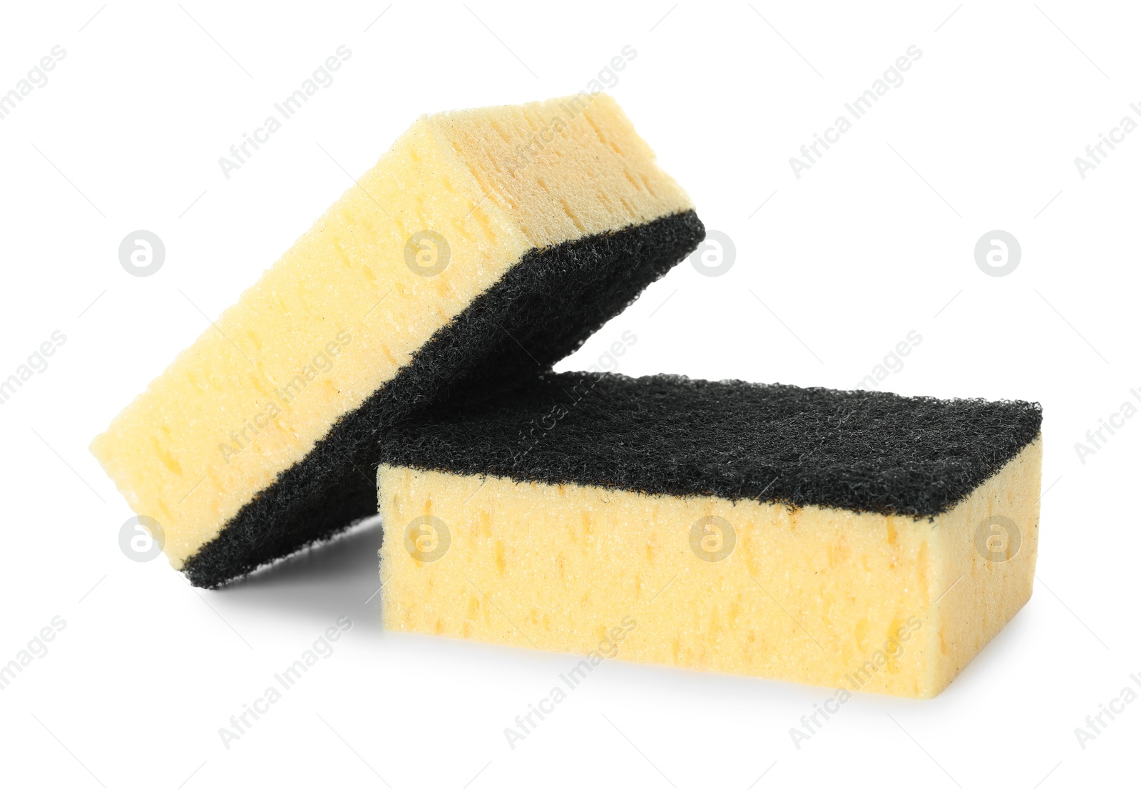 Photo of Two yellow sponges isolated on white. Cleaning supply