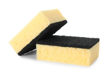 Photo of Two yellow sponges isolated on white. Cleaning supply