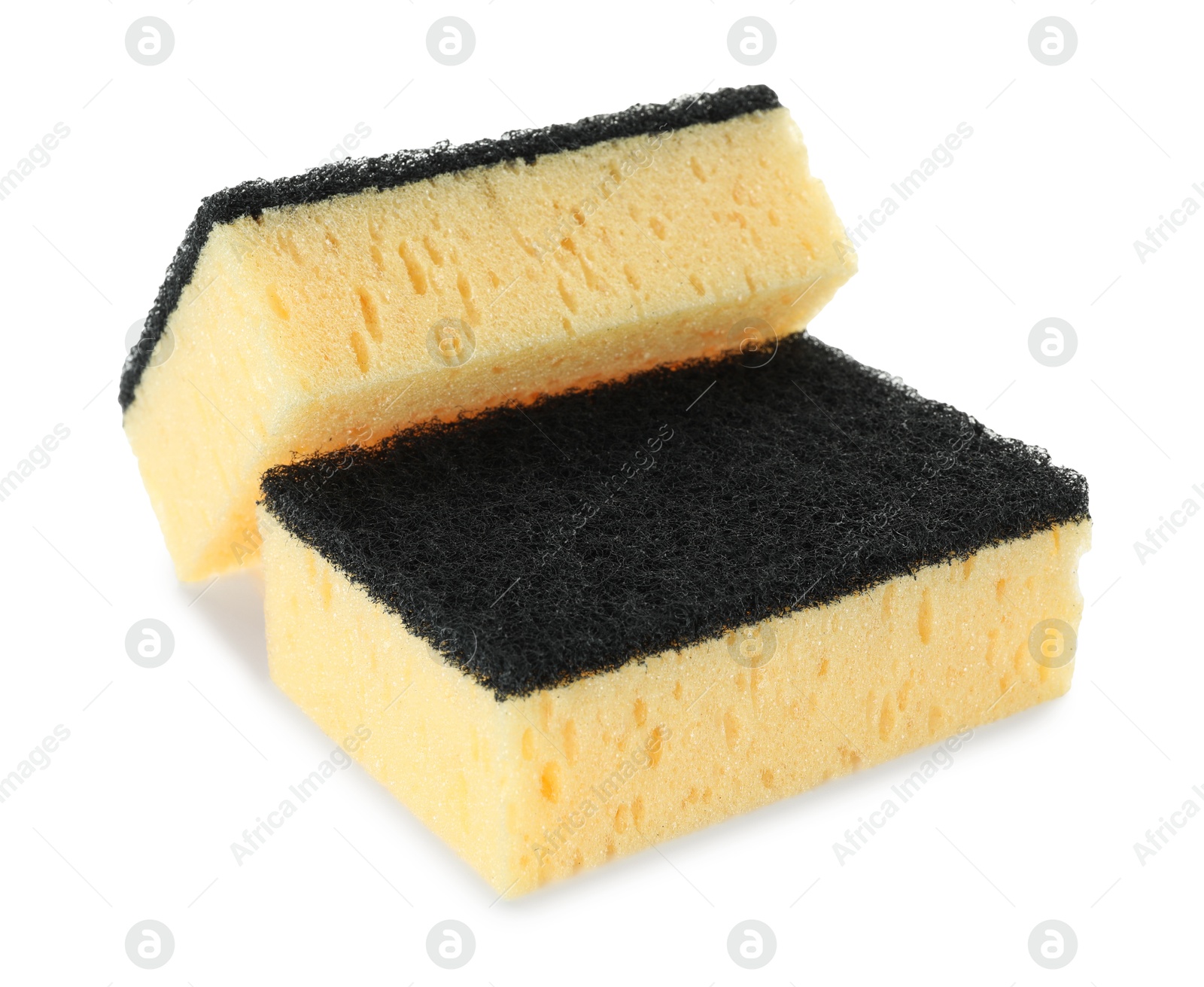 Photo of Two yellow sponges isolated on white. Cleaning supply