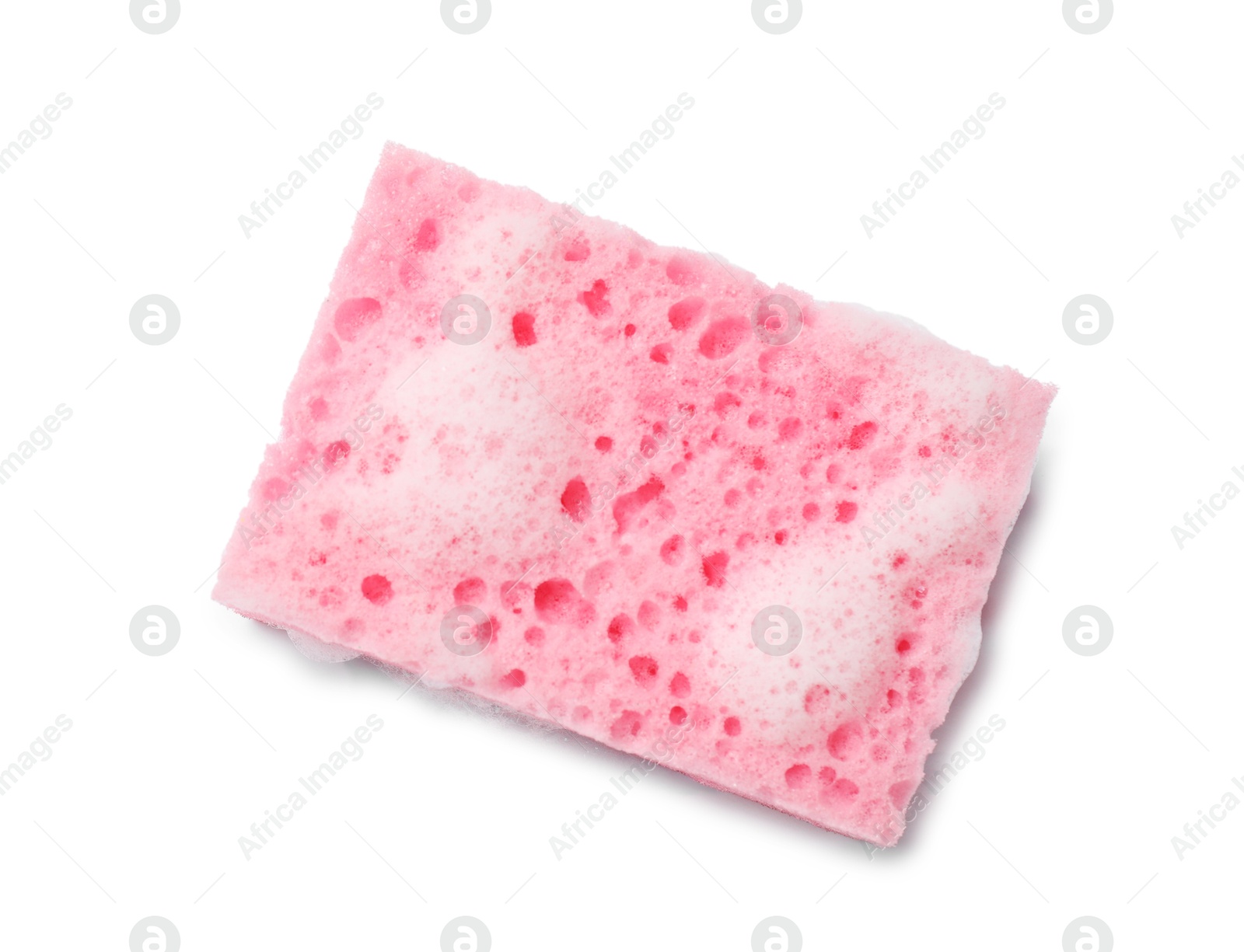 Photo of Pink sponge and foam isolated on white, top view. Cleaning tool