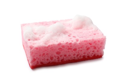 Photo of Pink sponge and foam isolated on white. Cleaning tool