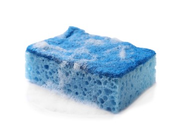 Photo of Blue sponge and foam isolated on white. Cleaning tool