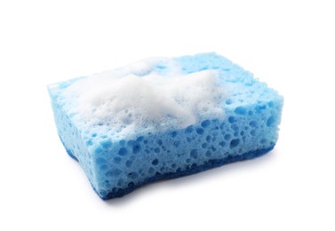 Photo of Blue sponge and foam isolated on white. Cleaning tool