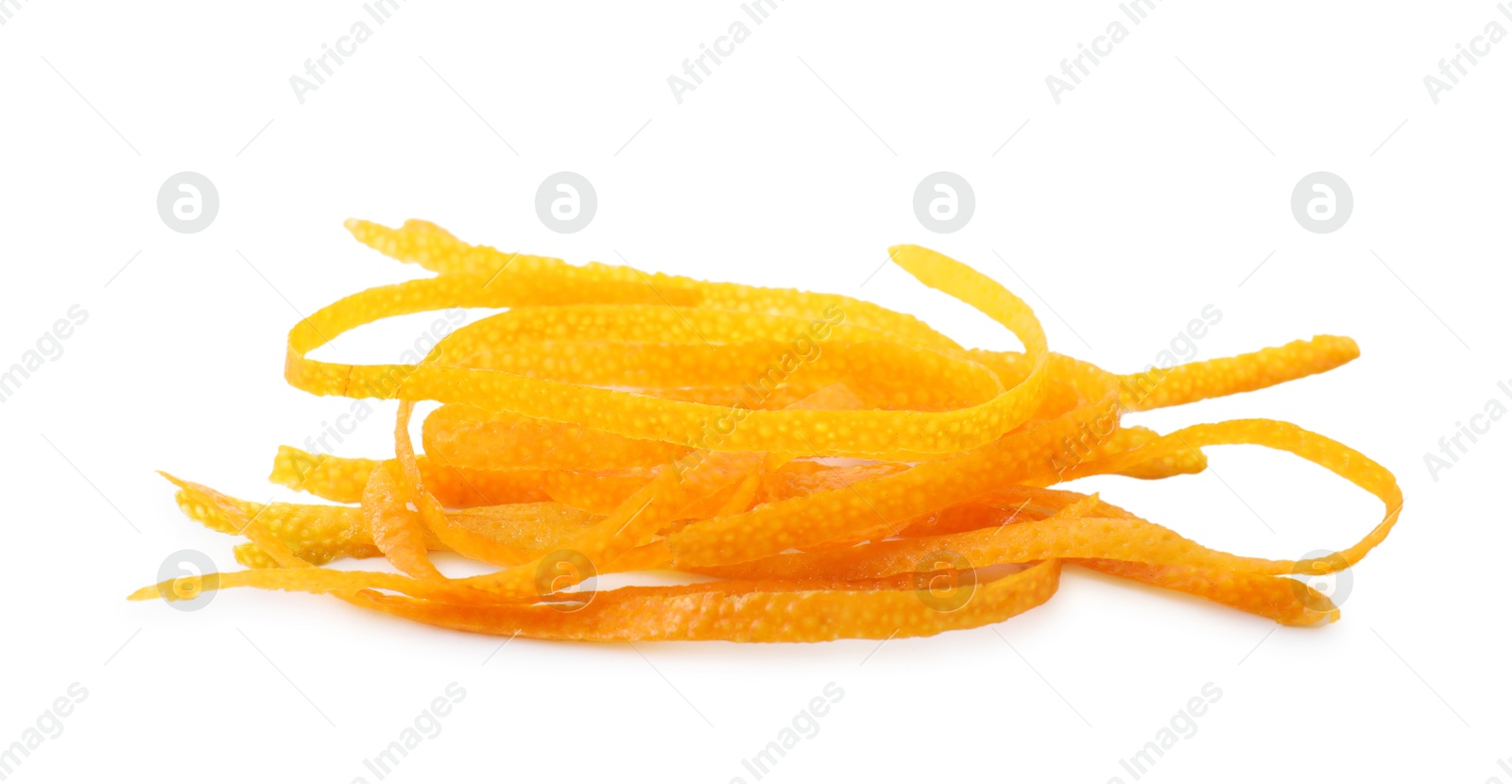 Photo of Pieces of orange zest isolated on white