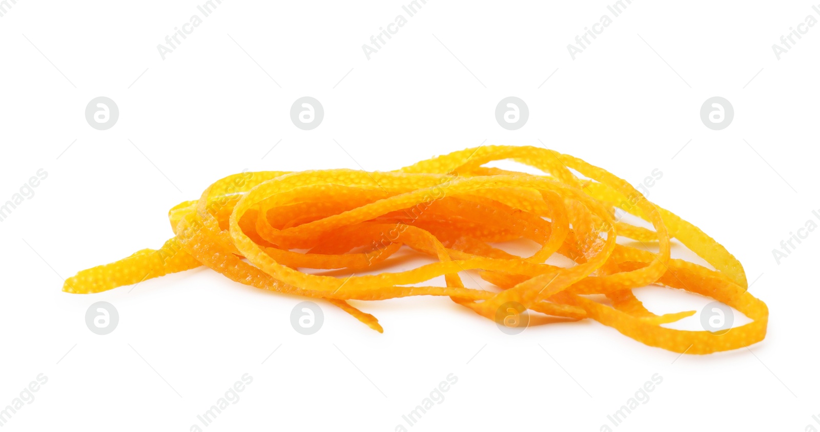 Photo of Pieces of orange zest isolated on white