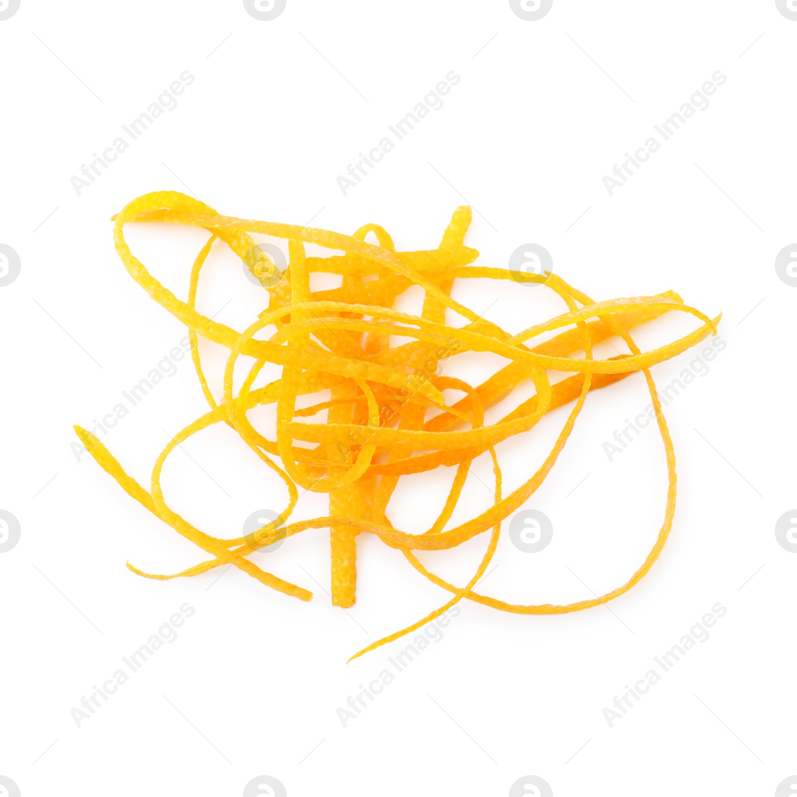 Photo of Pieces of orange zest isolated on white, top view