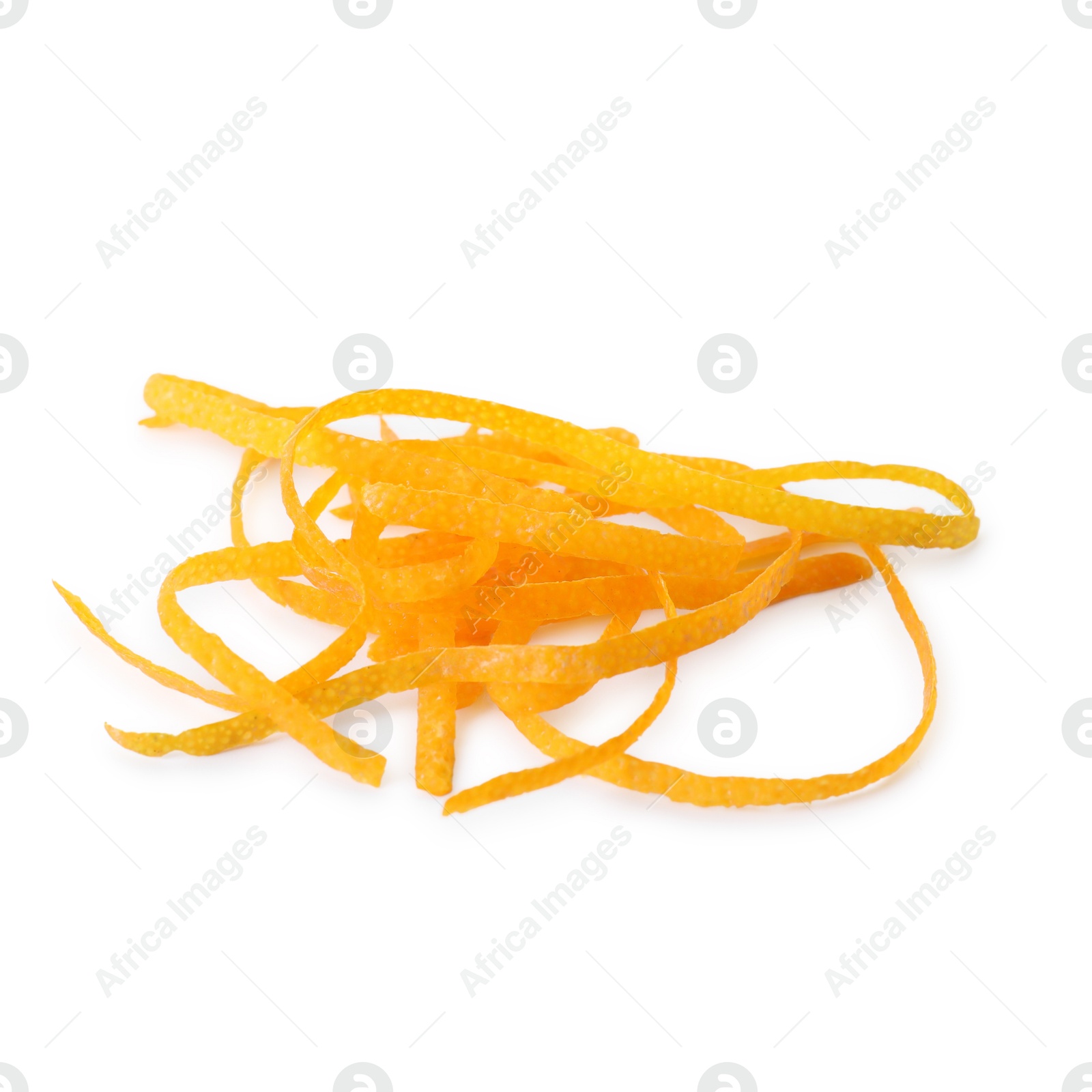 Photo of Pieces of orange zest isolated on white