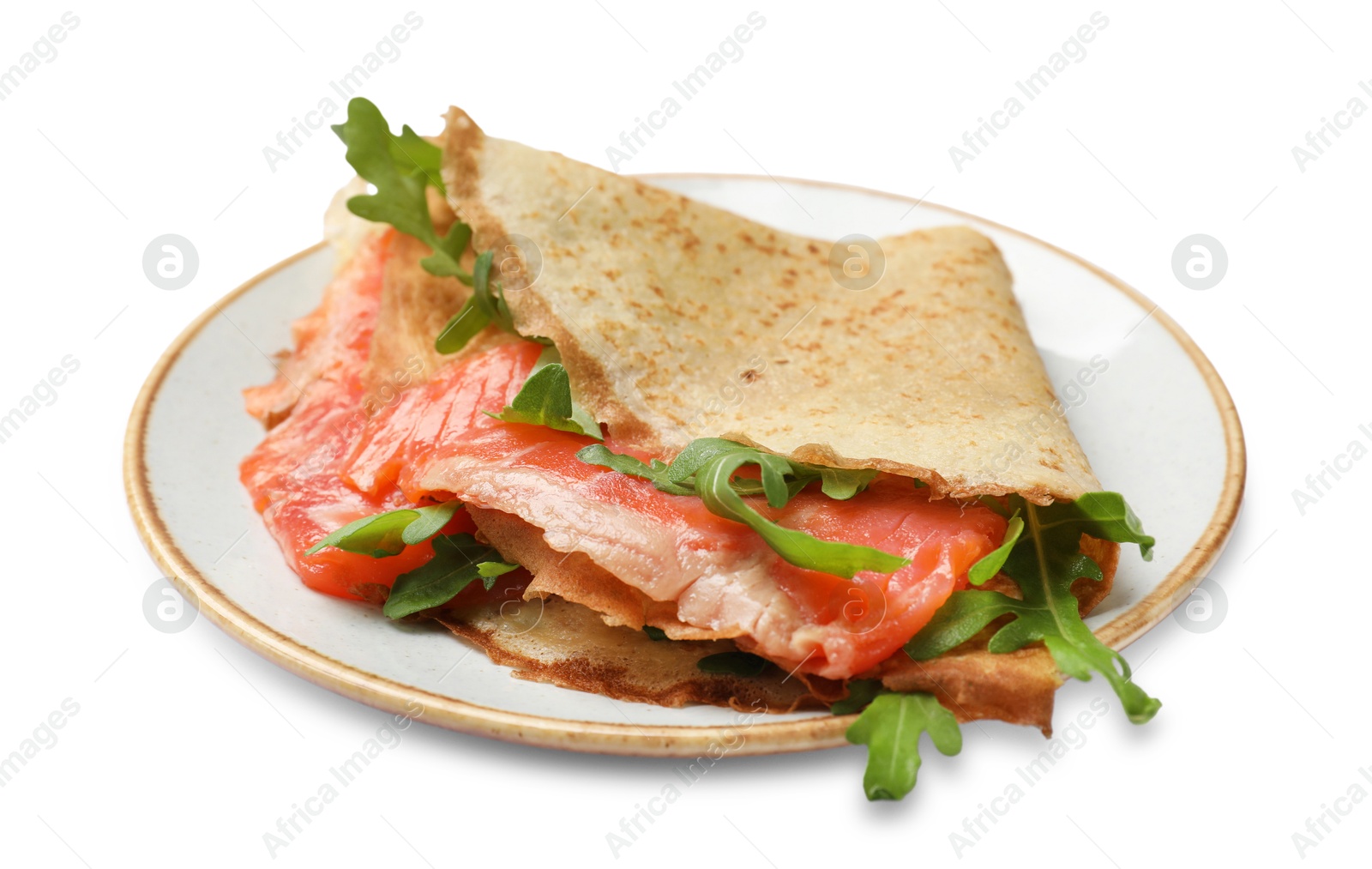 Photo of Delicious crepes with salmon and arugula isolated on white