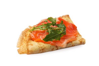 Photo of Delicious crepe with salmon and arugula isolated on white