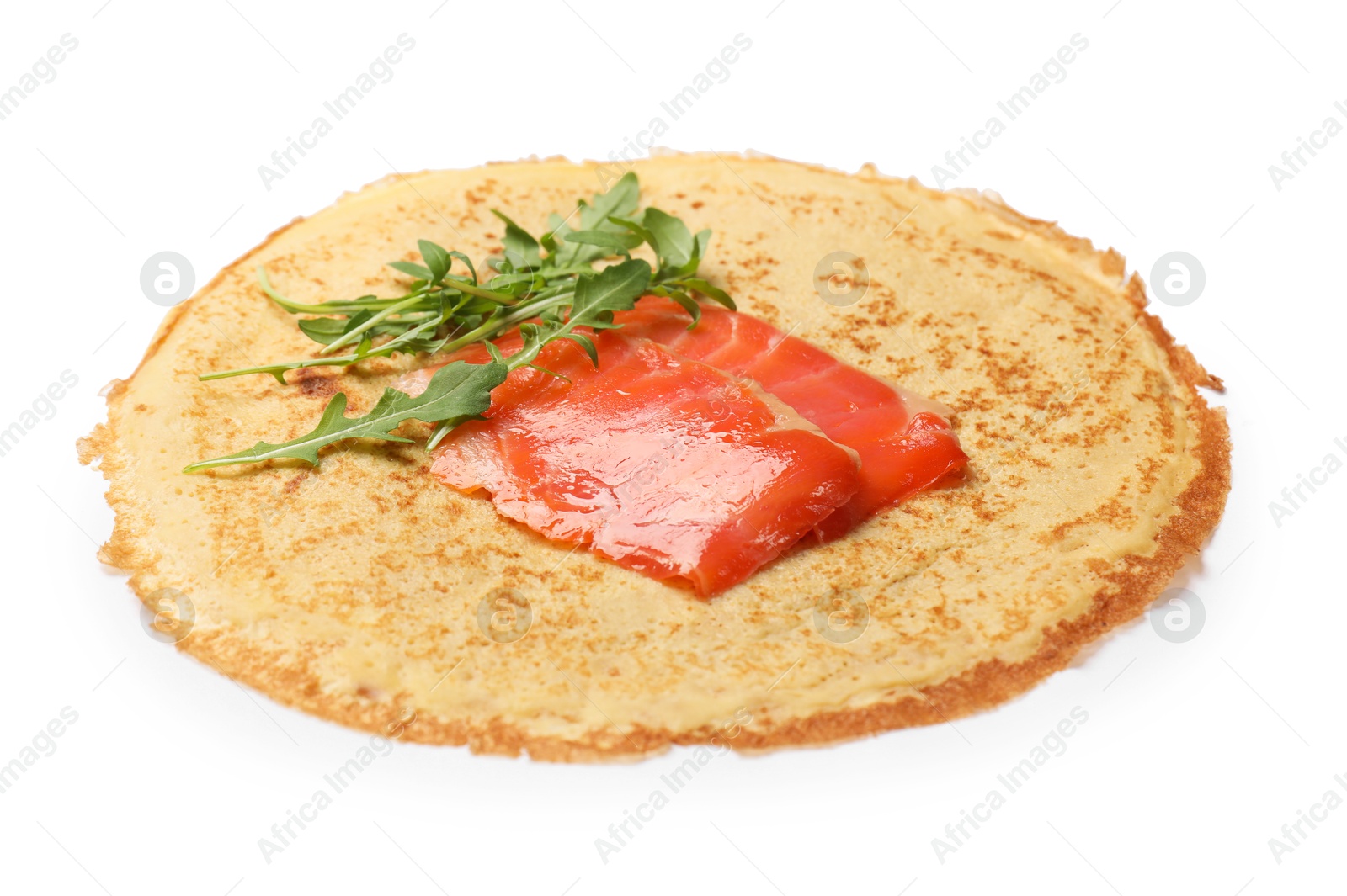 Photo of Delicious crepe with salmon and arugula isolated on white