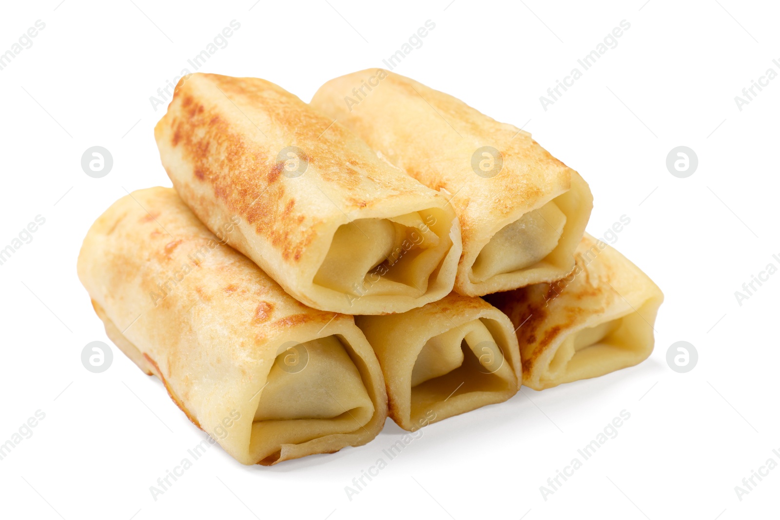 Photo of Many delicious rolled crepes isolated on white