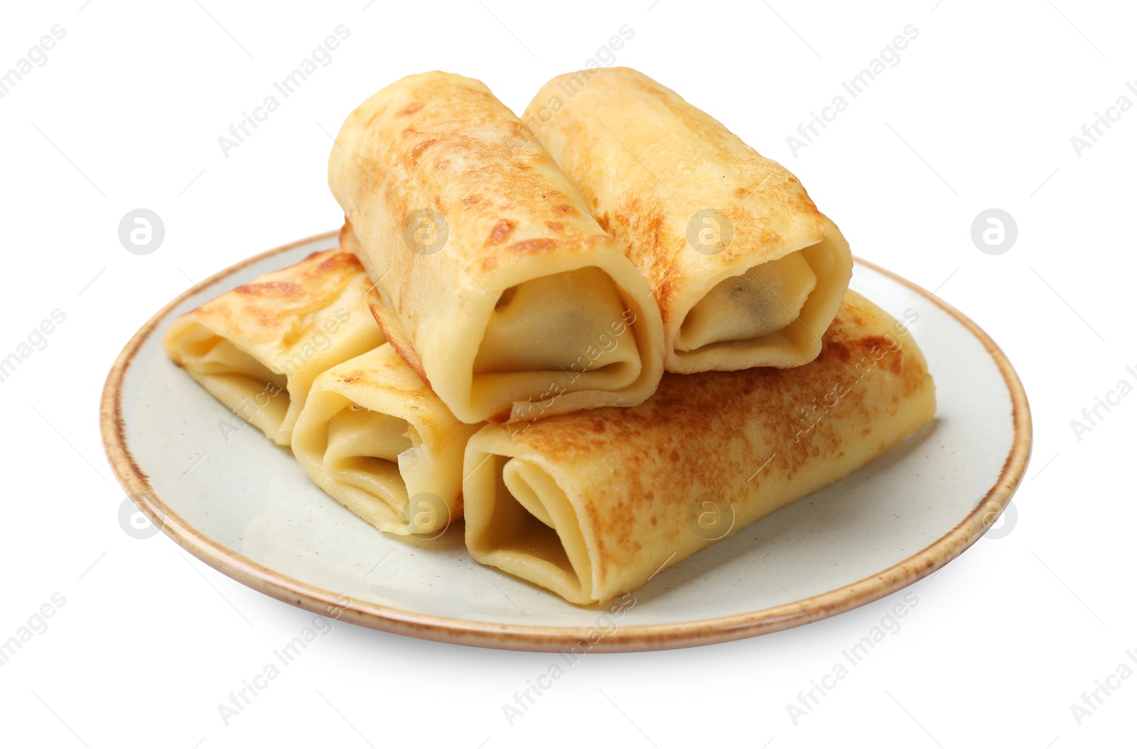 Photo of Many delicious rolled crepes isolated on white