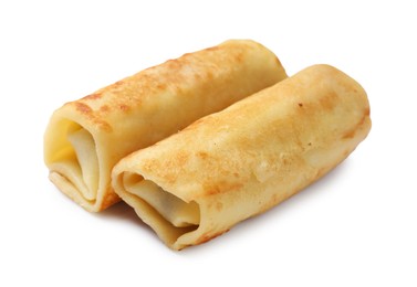 Photo of Two delicious rolled crepes isolated on white