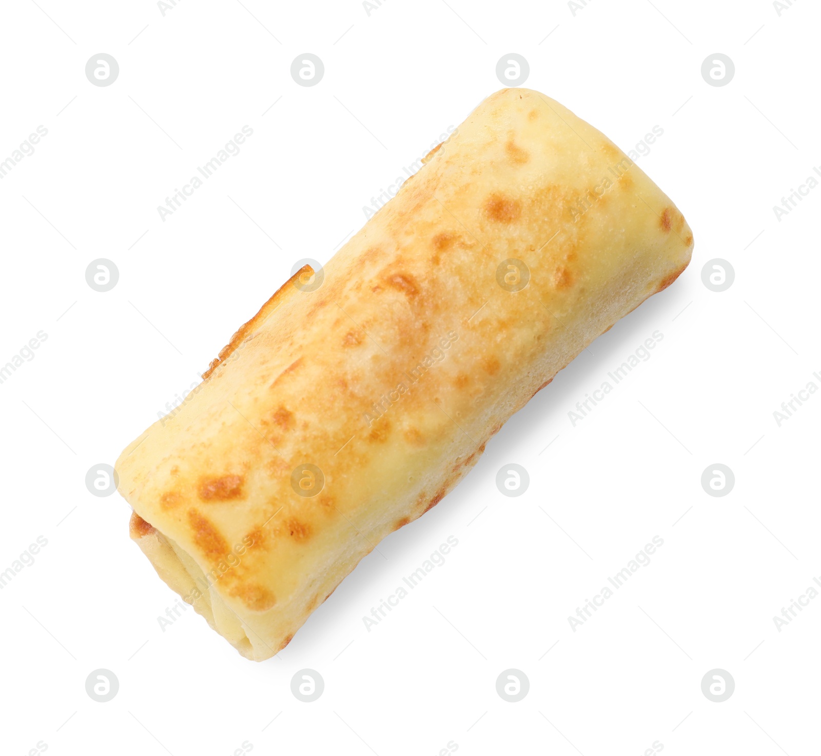 Photo of One delicious rolled crepe isolated on white, top view