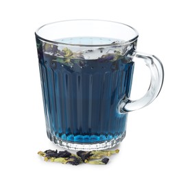 Photo of Fresh butterfly pea flower tea in cup and dry petals isolated on white