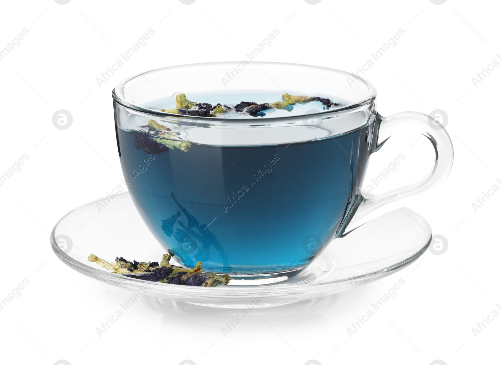 Photo of Fresh butterfly pea flower tea in cup isolated on white