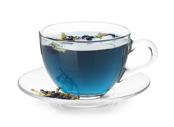 Photo of Fresh butterfly pea flower tea in cup isolated on white