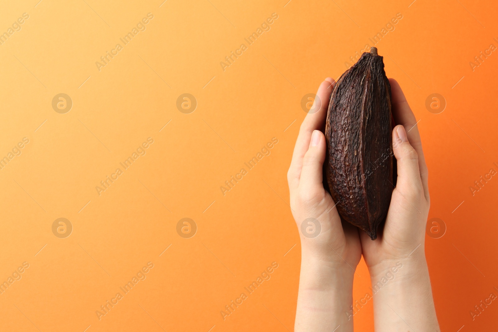 Photo of Woman with cocoa pod on orange background, closeup. Space for text