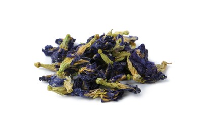 Photo of Pile of butterfly pea flower tea isolated on white