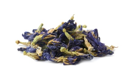 Photo of Pile of butterfly pea flower tea isolated on white