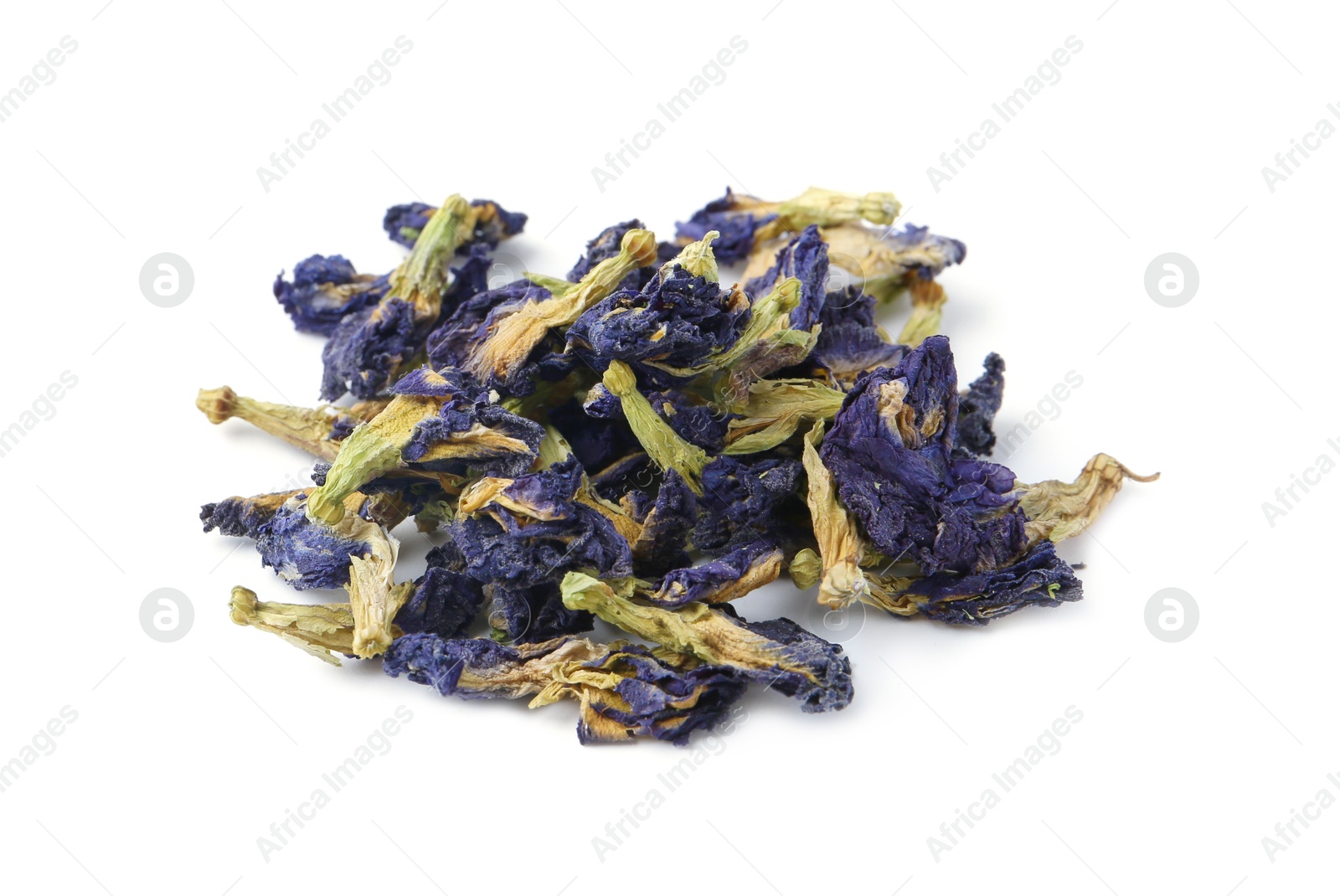Pile of butterfly pea flower tea isolated on white Photo of Pile of butterfly pea flower tea isolated on white