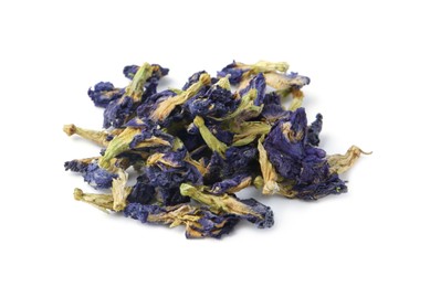 Photo of Pile of butterfly pea flower tea isolated on white