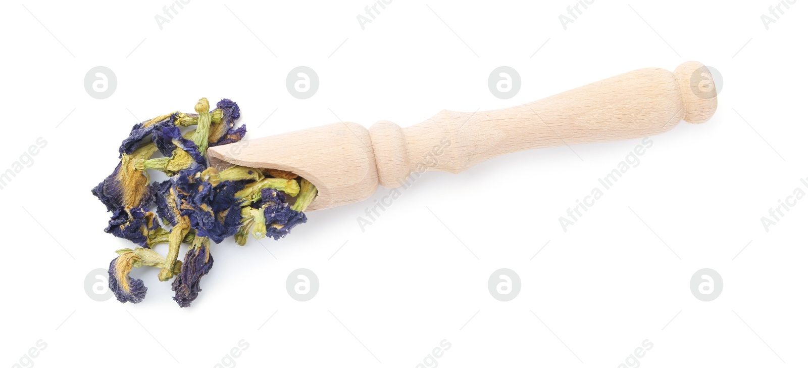 Photo of Scoop with butterfly pea flower tea isolated on white, top view