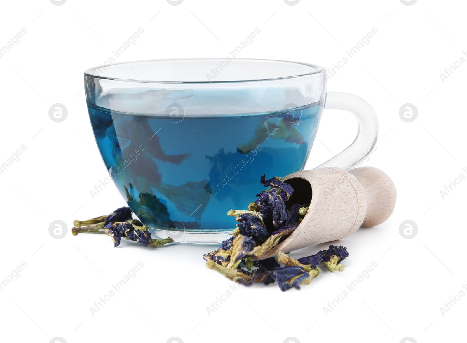 Butterfly pea flower tea in cup and scoop with buds isolated on white Photo of Butterfly pea flower tea in cup and scoop with buds isolated on white