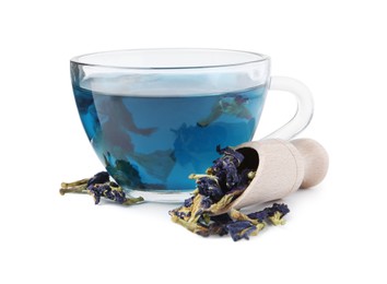 Photo of Butterfly pea flower tea in cup and scoop with buds isolated on white