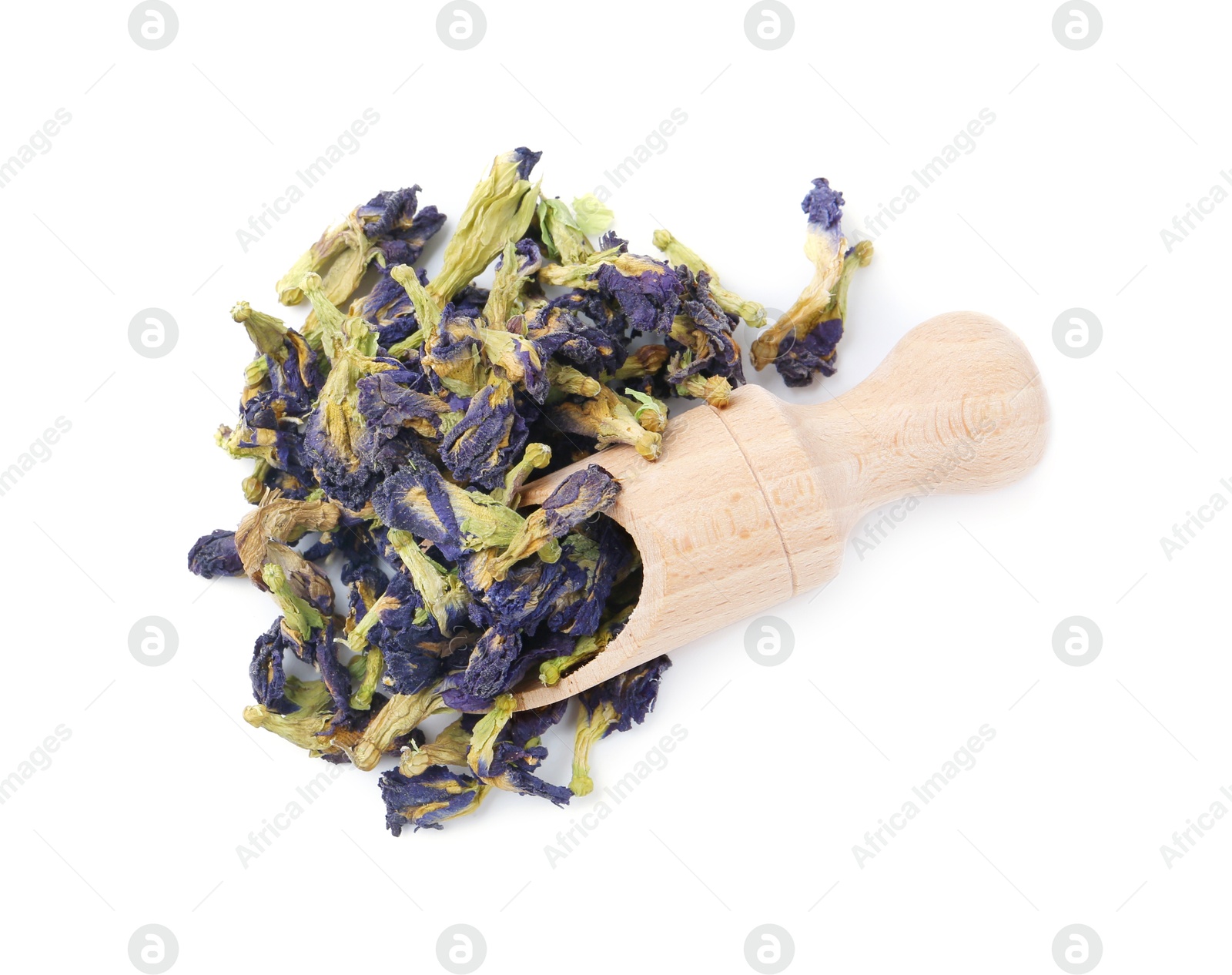 Photo of Scoop with butterfly pea flower tea isolated on white, top view