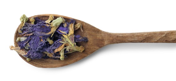 Spoon with butterfly pea flower tea isolated on white, top view