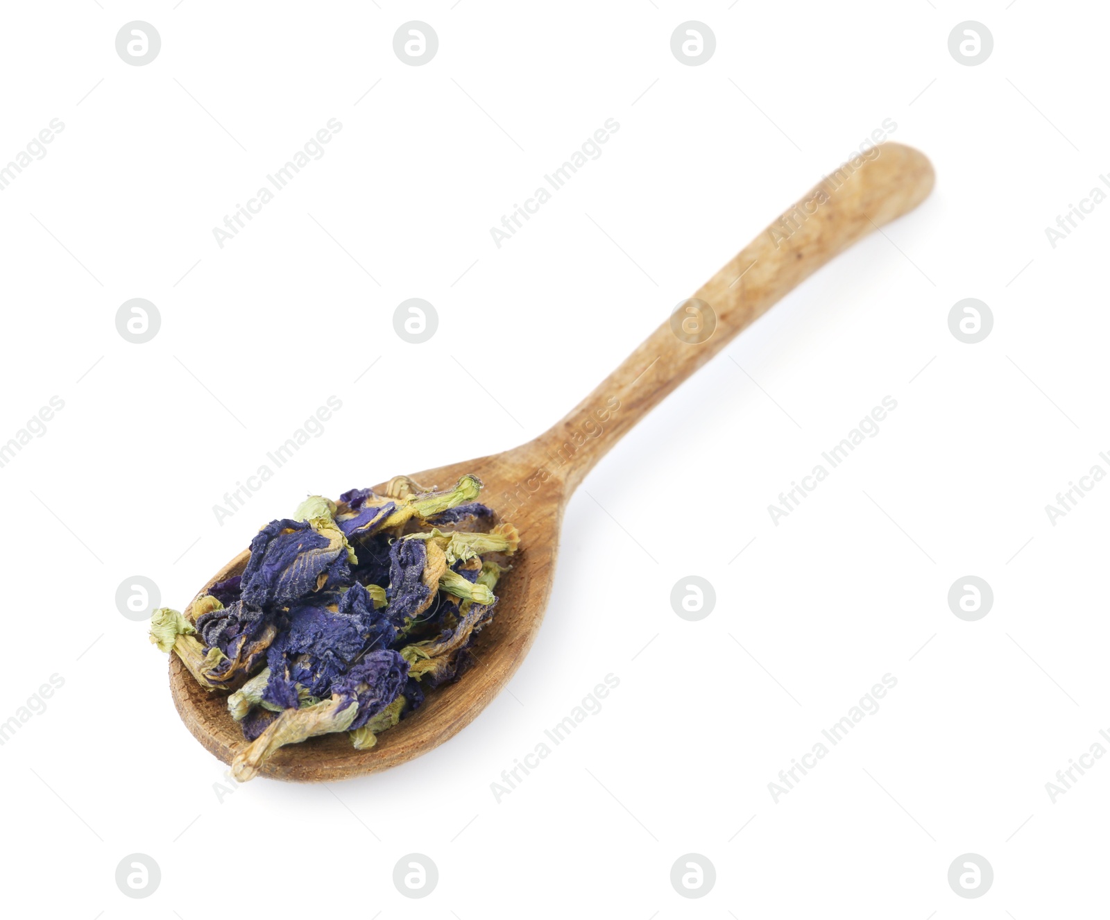 Photo of Spoon with butterfly pea flower tea isolated on white