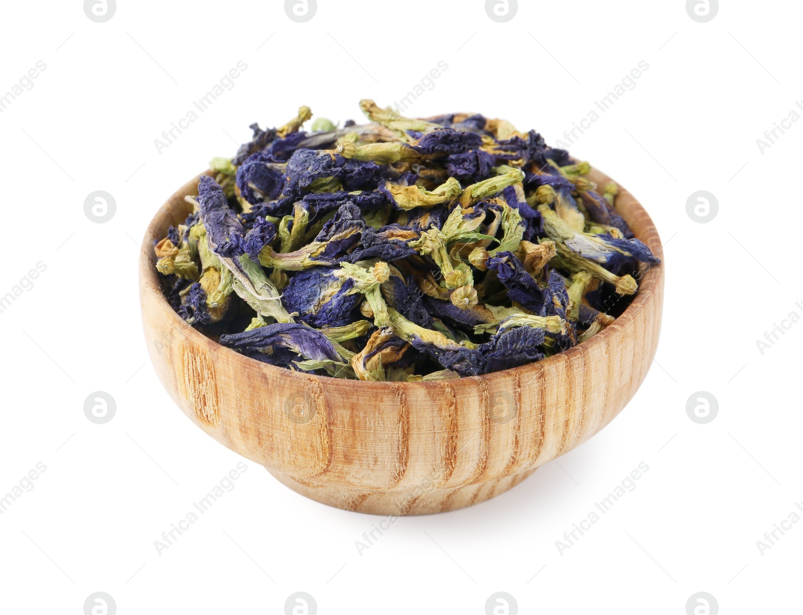 Butterfly pea flower tea in bowl isolated on white Photo of Butterfly pea flower tea in bowl isolated on white