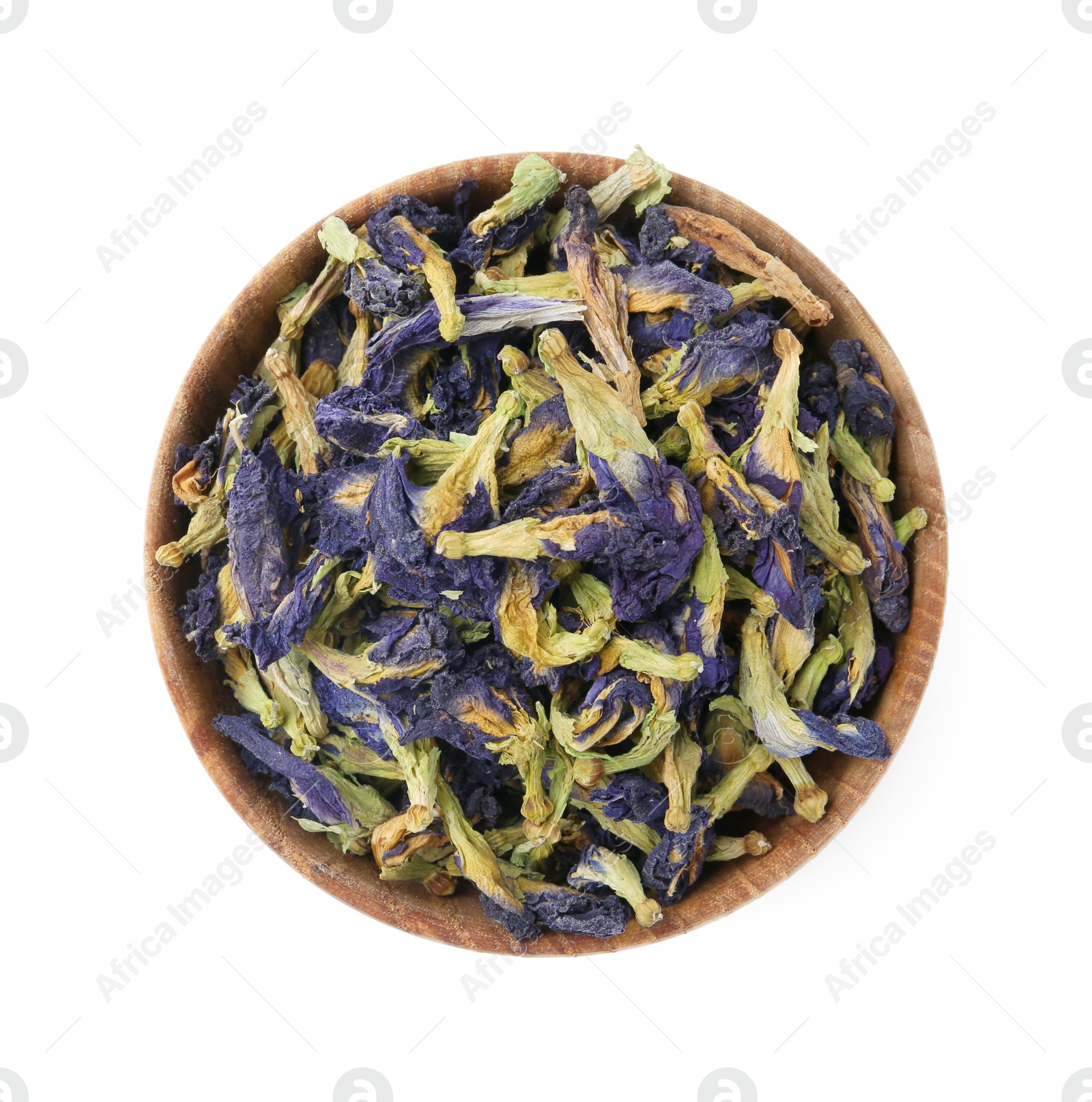 Photo of Butterfly pea flower tea in bowl isolated on white, top view