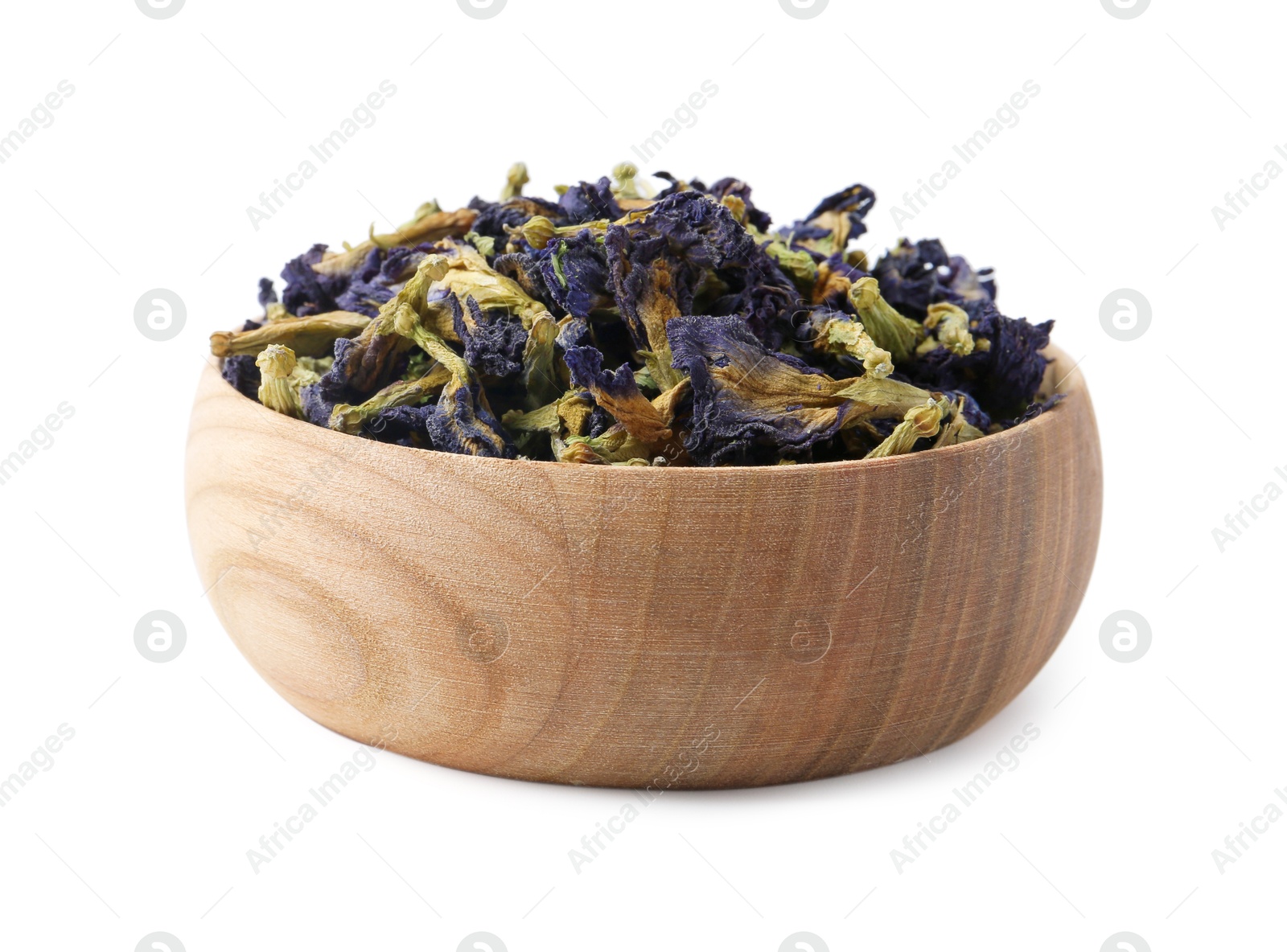 Butterfly pea flower tea in bowl isolated on white Photo of Butterfly pea flower tea in bowl isolated on white