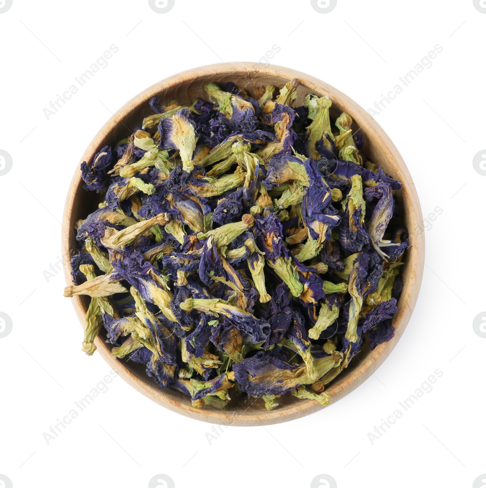 Butterfly pea flower tea in bowl isolated on white, top view Photo of Butterfly pea flower tea in bowl isolated on white, top view