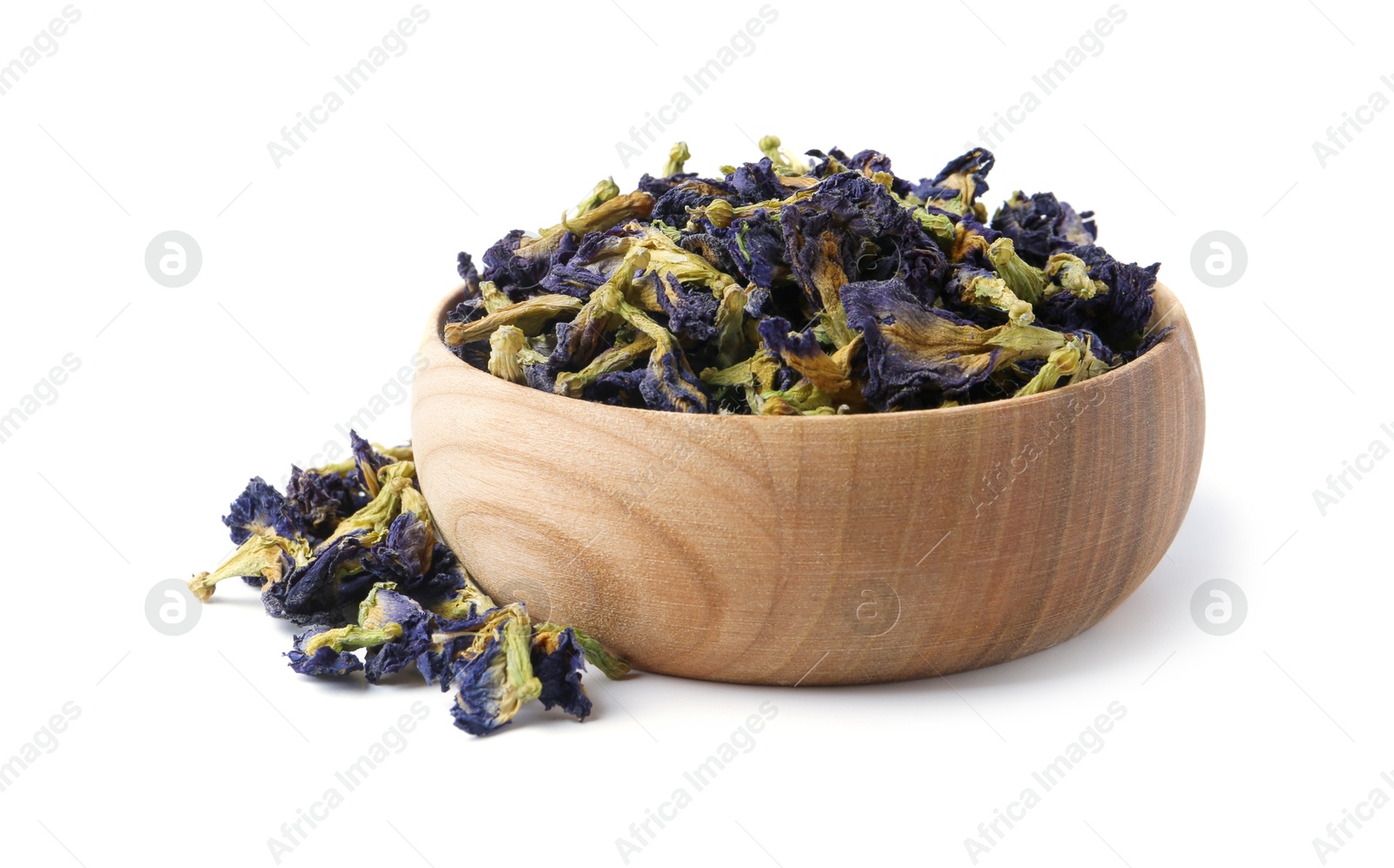 Butterfly pea flower tea in bowl isolated on white Photo of Butterfly pea flower tea in bowl isolated on white