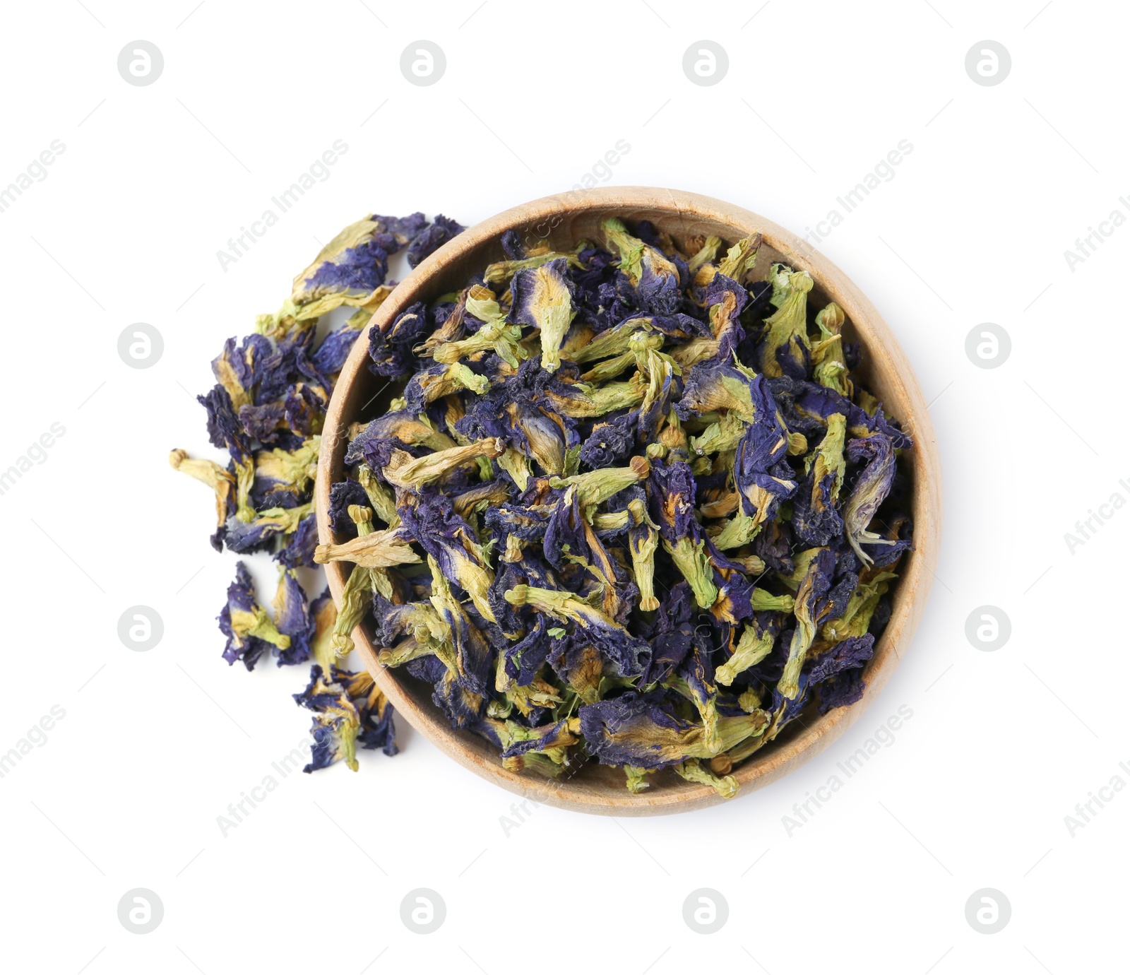 Butterfly pea flower tea in bowl isolated on white, top view Photo of Butterfly pea flower tea in bowl isolated on white, top view