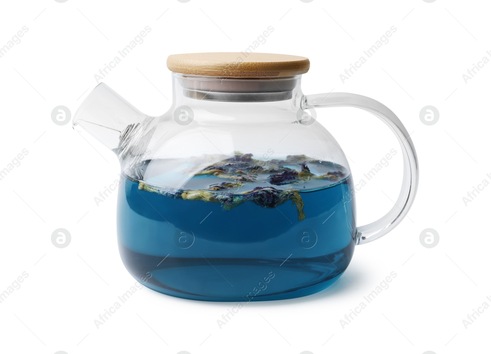Delicious butterfly pea flower tea isolated on white Photo of Delicious butterfly pea flower tea isolated on white