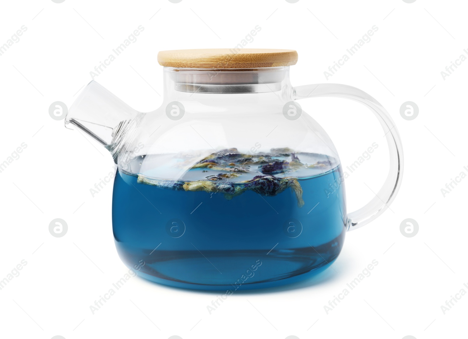 Delicious butterfly pea flower tea isolated on white Photo of Delicious butterfly pea flower tea isolated on white
