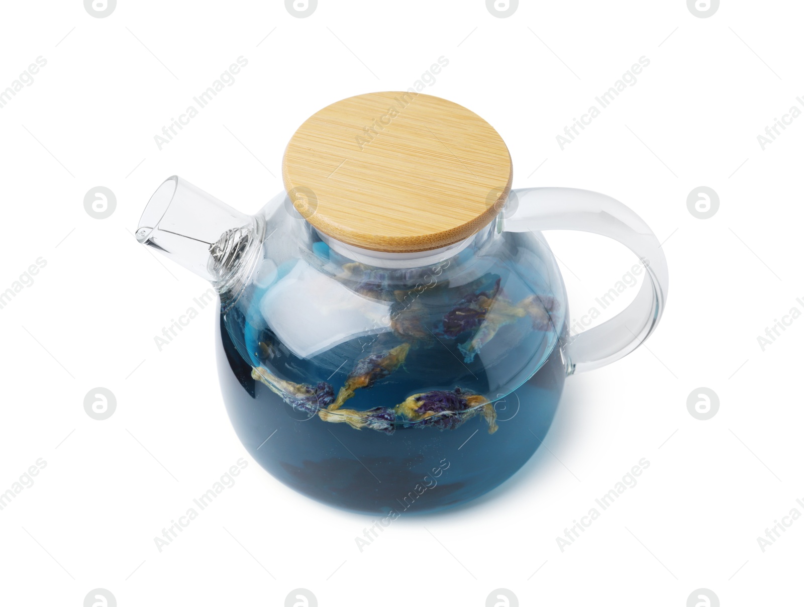 Delicious butterfly pea flower tea isolated on white Photo of Delicious butterfly pea flower tea isolated on white